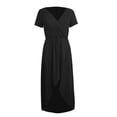 thumbnail image 3 of Women's V Neck Wrap Dress Twisted Slit Pleated Waist Tie Short Sleeve Midi Dresses Color Black Size L, 3 of 4