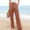 thumbnail image 4 of Breathable Soft Linen Pants for Women Wide Leg Straight Button Trousers High Waisted Pleated Front with Pockets Daily Wear Summer Fashion Slacks, #02 Camel, M, 4 of 6