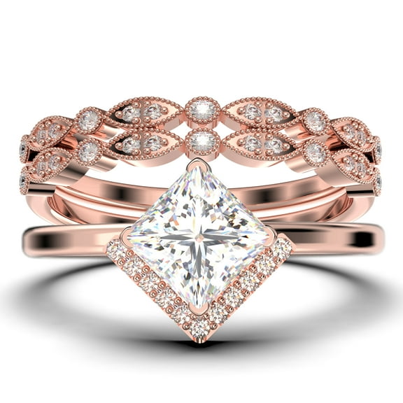 Boho & hippie 2.50 Carat Princess Cut Diamond Moissanite Dainty Engagement Ring, Classic Wedding Ring, Two Matching Band in 925 Sterling Silver With 18k Rose Gold Plating, Gift For Her