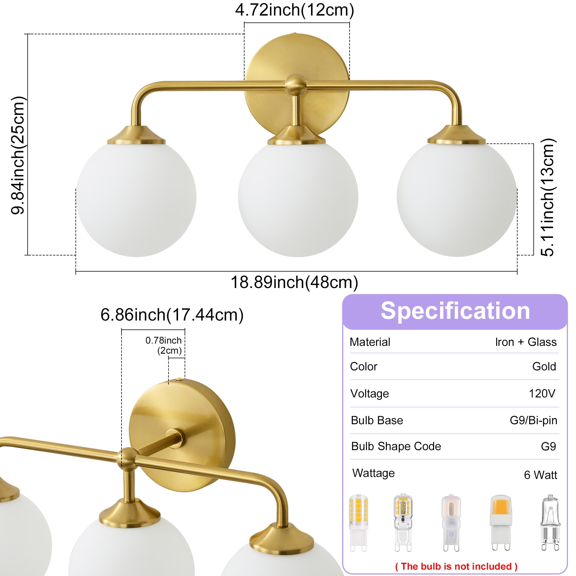 Deyidn Modern Vanity Light Gold 3-Light, 18.89" Bathroom Light with Milk White Glass Shade for Soft Lighting, Damp Rated Fixture for Bath, Powder Room