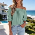 thumbnail image 4 of Tqcoqu Women's Solid Off Shoulder Ruffle Elastic 3/4 Puff Sleeve Blouse,Loose Flowy Summer Casual Pullover Top,Mint Green Women's S-XXL, 4 of 7