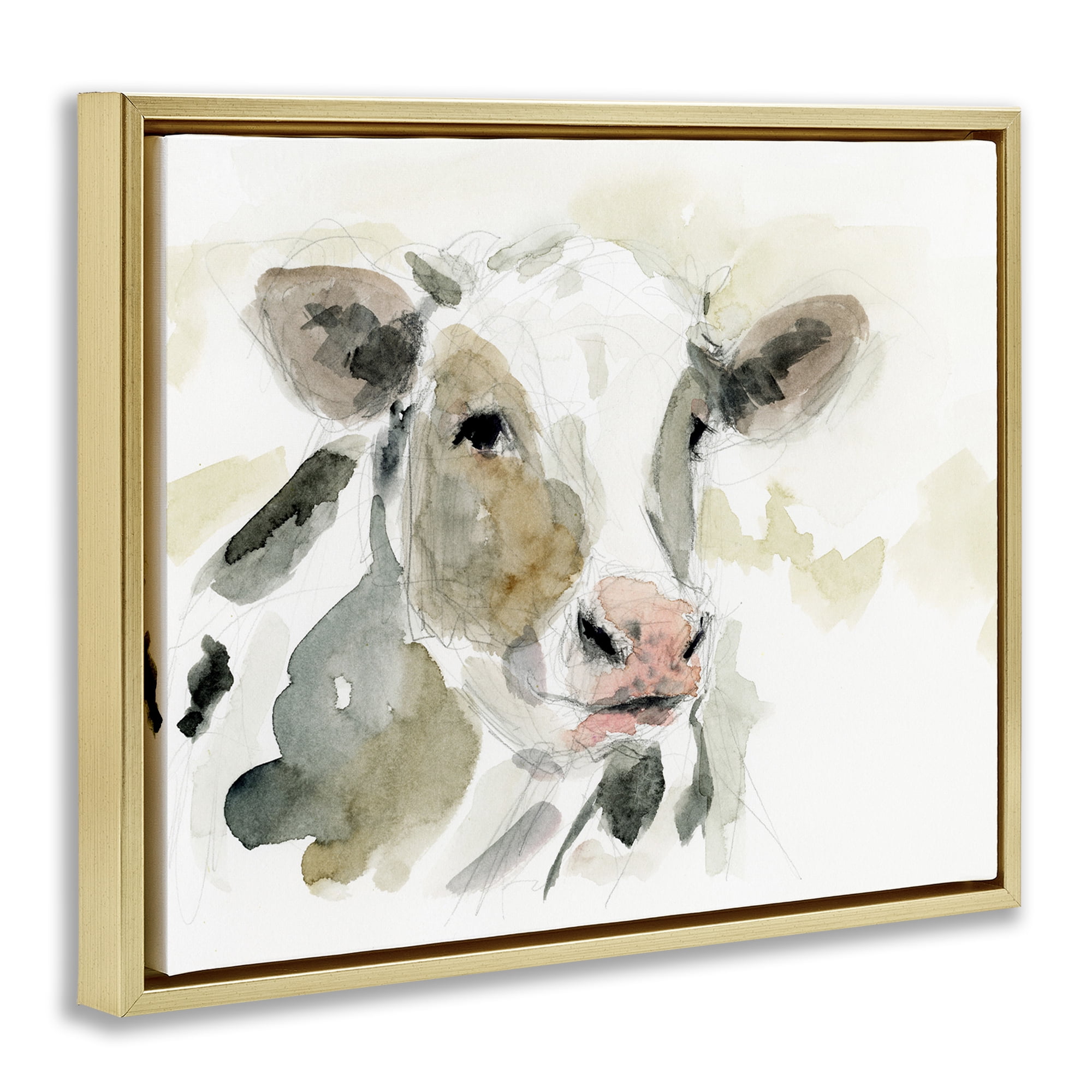 Stupell Industries Soft Watercolor Cow Animals & Insects Painting Gold Floater Framed Canvas Art Print Wall Art, 31 x 25