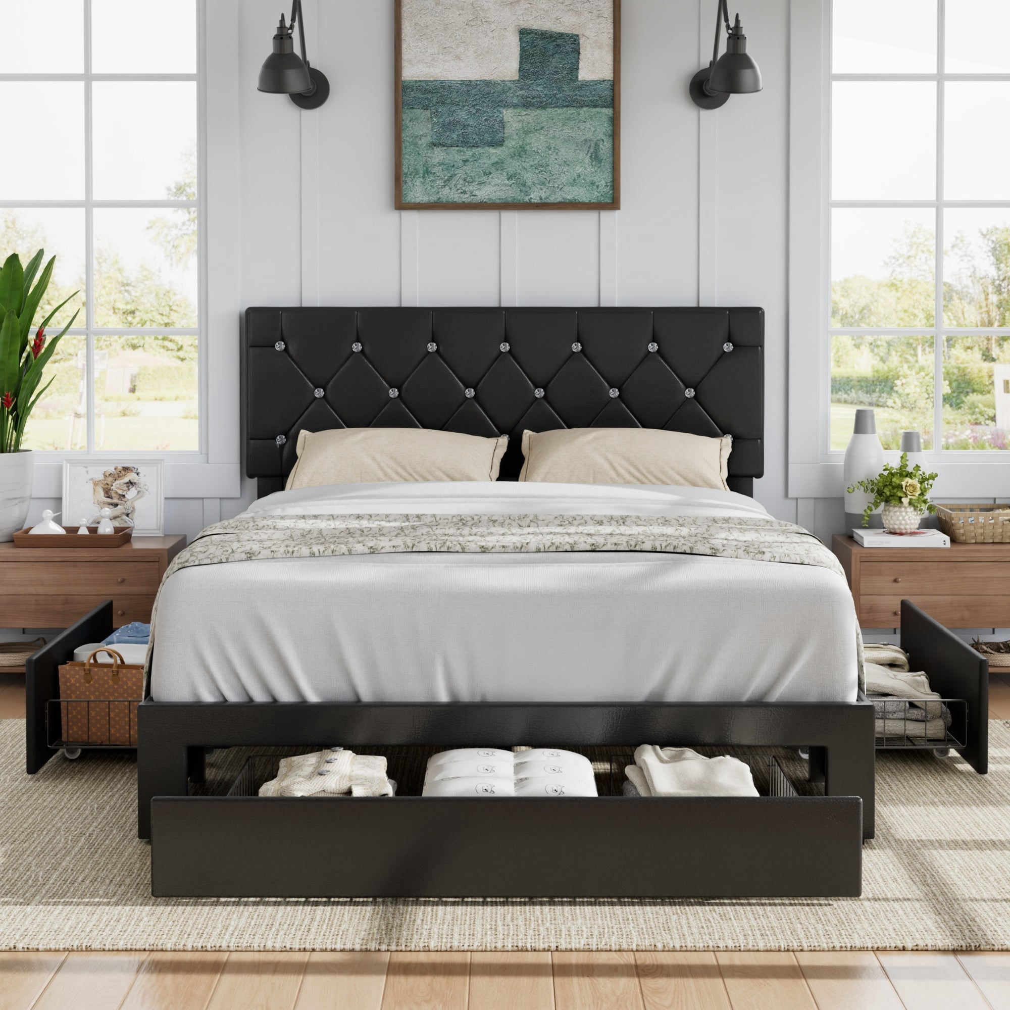 VECELO Full Size Upholstered Bed Frame with 3 Drawers & Adjustable Headboard, Under Bed Storage, Black