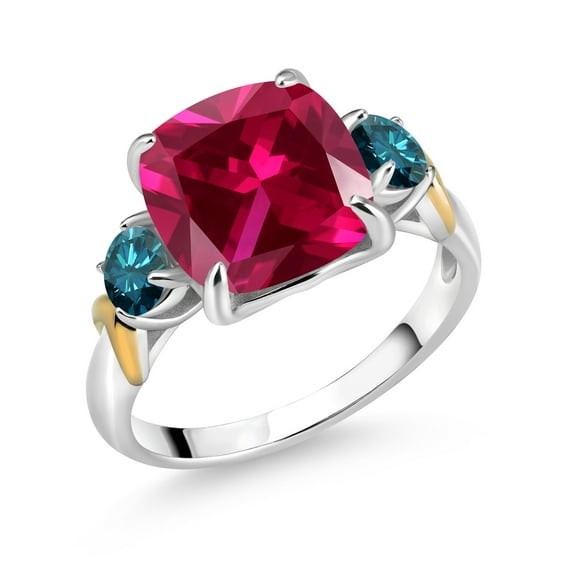 Gem Stone King 925 Silver and 10K Yellow Gold Red Created Ruby and Blue Diamond 3 Stone Ring for Women (5.54 Cttw, Gemstone July Birthstone, Cushion 10MM, Round 4MM, Size 7)
