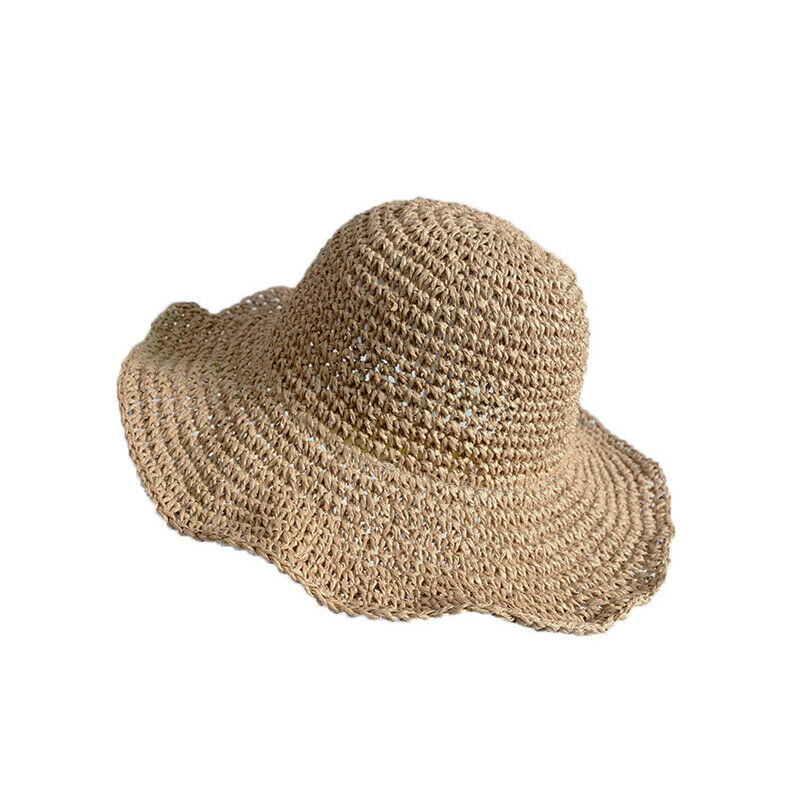 KCPer Women Ladies Summer Wide Brim Straw Hat Floppy Derby Beach Cap Foldable Bohemia Roll-up Crocheted Straw Hat Sun Visor Cap for Holiday Travel