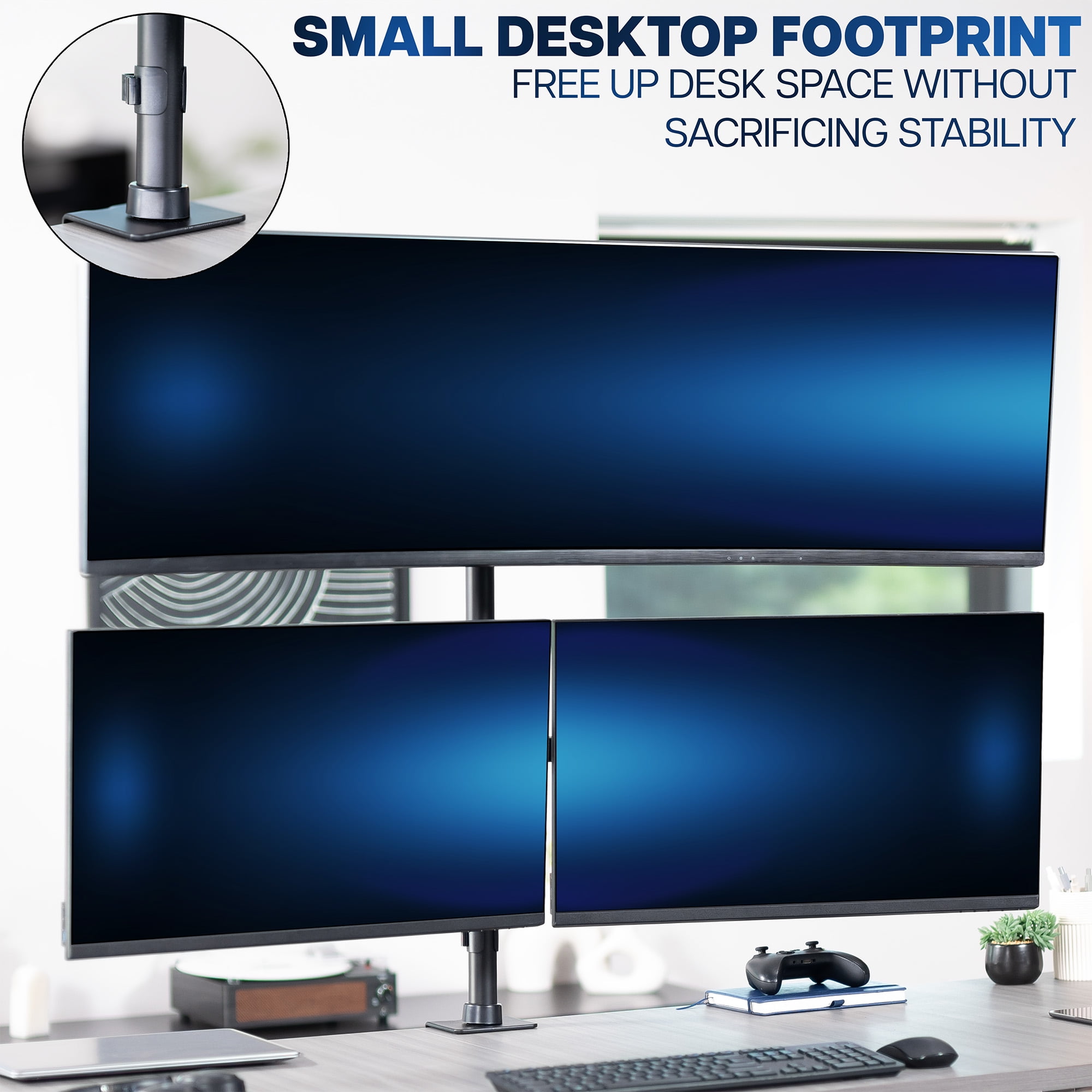 VIVO Triple Computer Monitor Desk Mount, 1 Ultrawide to 49", 2 Standard to 27"
