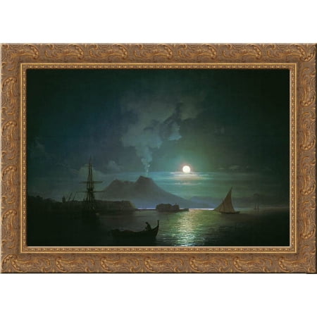 The Bay of Naples at moonlit night. Vesuvius 24x20 Gold Ornate Wood Framed Canvas Art by Aivazovsky, Ivan