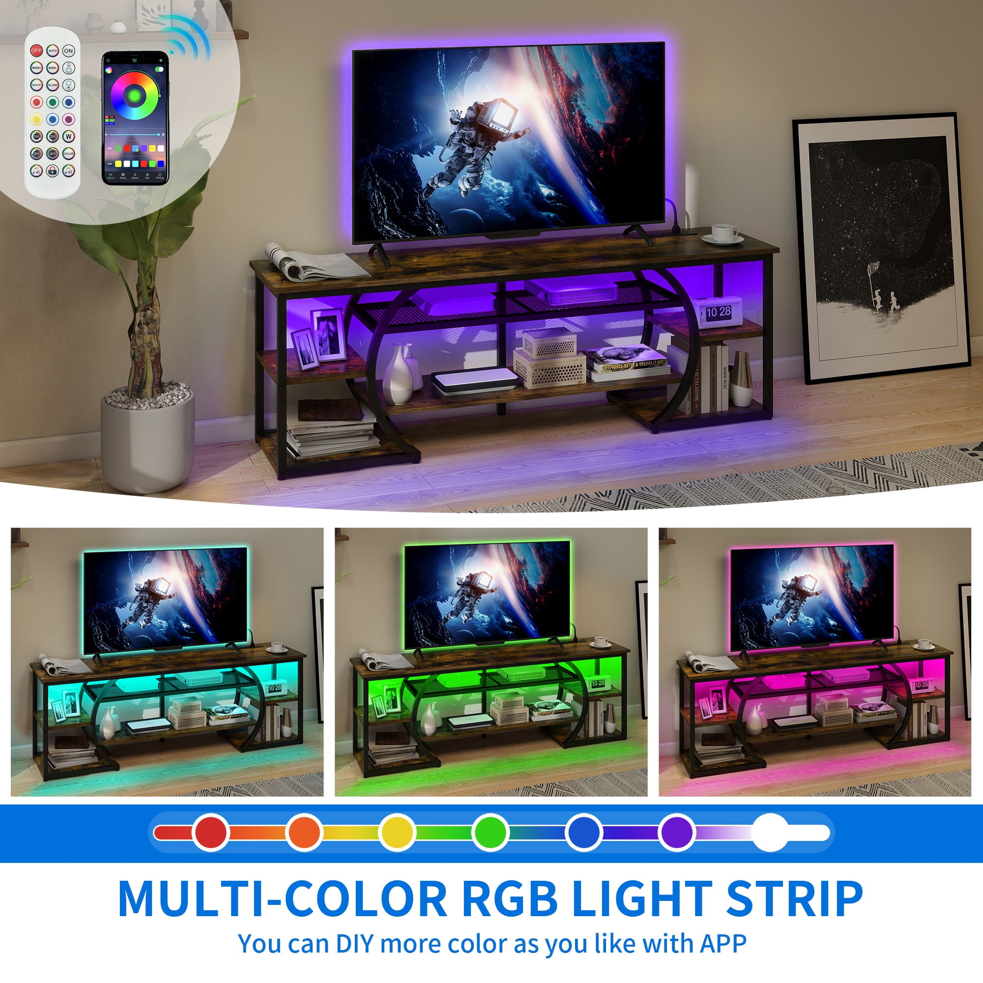 Uforic LED TV Stand for 70 Inch TV, Rustic Entertainment Center TV Console w/Power Outlets, Brown