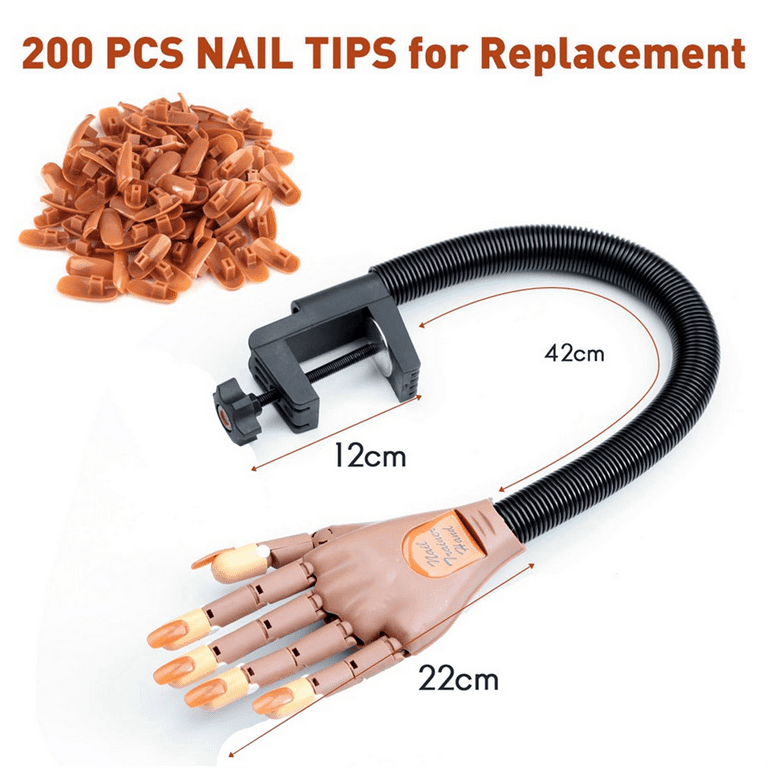 Uñas Acrílicas Práctica Flexible Mano Falsa, Kits de Dedos Ajustables para Entrenamiento de Uñas, Uñas Postizas con 200 Puntas de Uñas