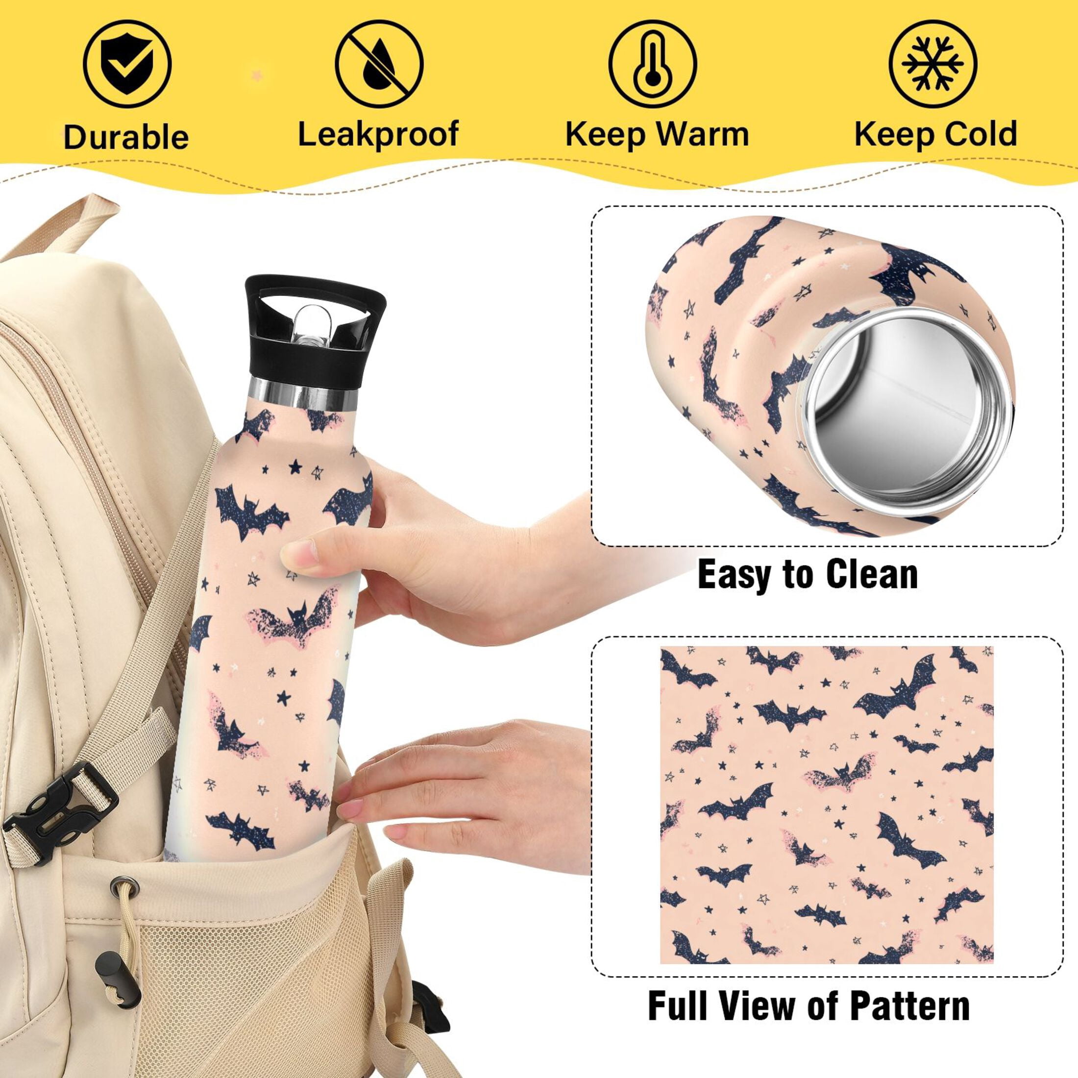 600ML Stainless Steel Insulated Cup Sports Water Bottle Portable Thermos Cup Water Glasses Insulated Tumblers Convenient and Durable Black Bats