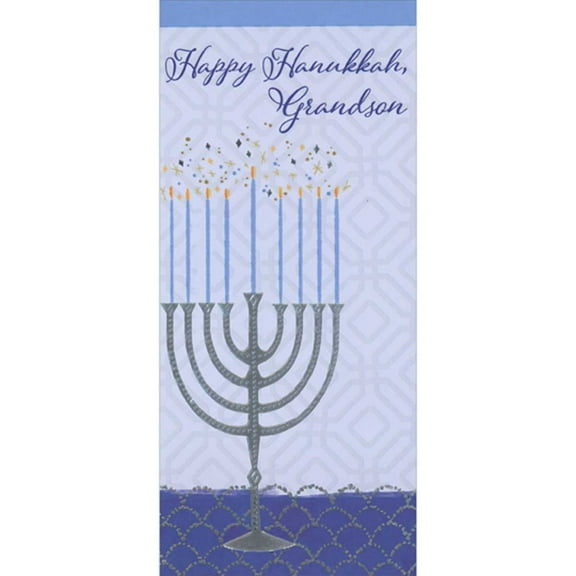 Designer Greetings Silver Foil Menorah with Thin Blue Candles Money Holder / Gift Card Holder Hanukkah Card for Grandson
