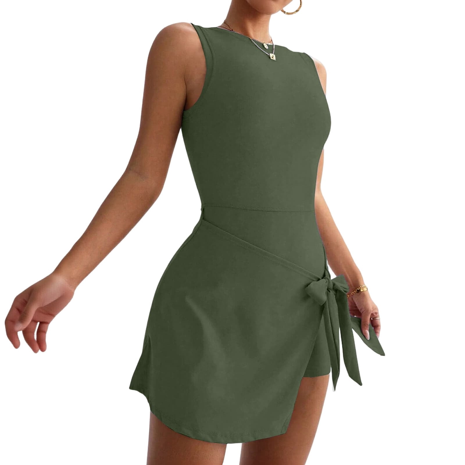 Miluxas Womens High Neck Tennis Dress Sleeveless Wrap Skirt Built in Shorts Golf Athletic Dress Workout Rompers Army Green