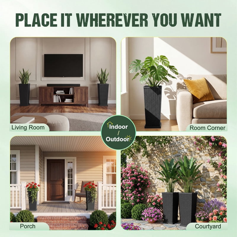 Homall 25" Tall Plastic Planter Set of 2 with Inside Pots, Drainages and Trays, for Outdoor and Indoor