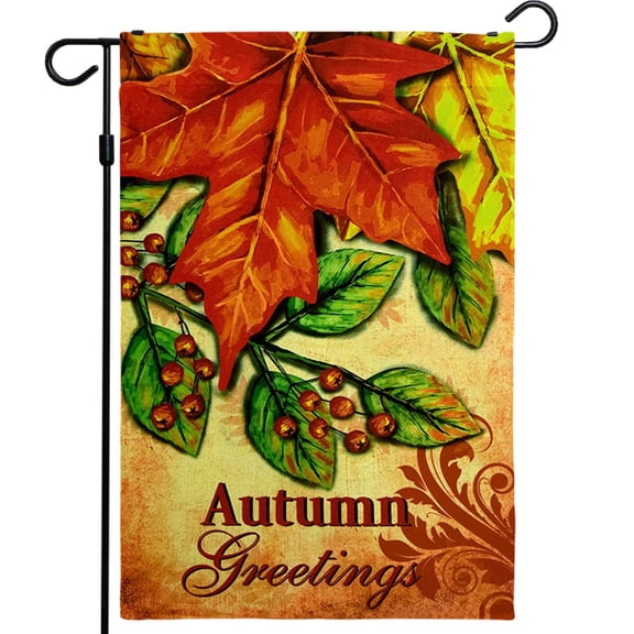 G128 Home Decorative Fall Garden Flag with Autumn Greetings Quote and Maple Leaf Design, 12x18 in Rustic Seasonal Outdoor Decoration