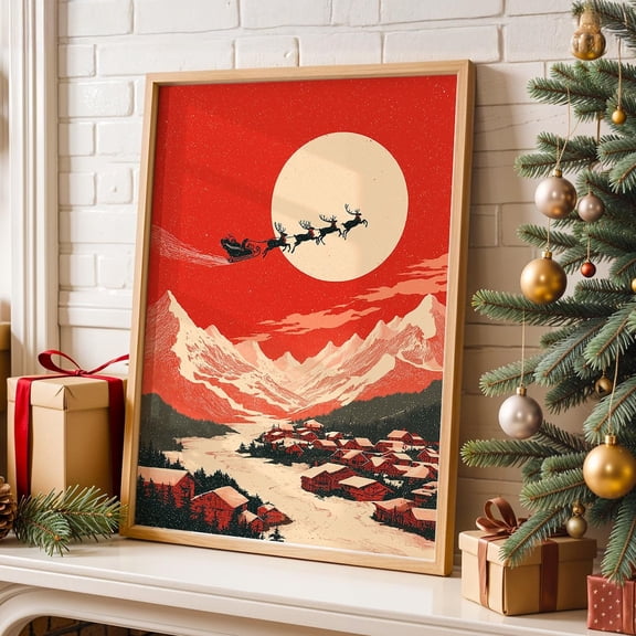 Santa Sleigh Poster, Retro Reindeer Wall Art, Cozy Alpine Village UNFRAMED Poster, 8x12