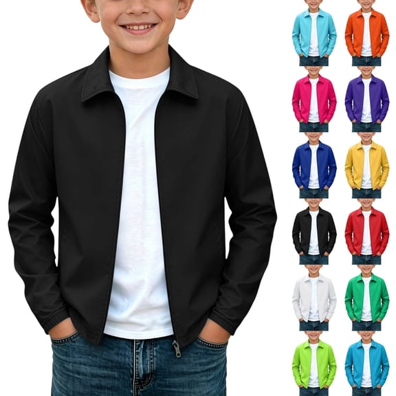 ITSAME Boys Zip-Up Jacket Solid Color Lapel Long Sleeve Outerwear Kids Casual Cardigan Coat Black Size 13