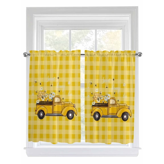 Farmhouse Truck Living Room Curtains 2 Panel, Country Bee Daisy Yellow Buffalo Lattices Cafe Window Treatment, Farmhouse Bedroom Bathroom Kitchen Curtains Drapes 104"x54"