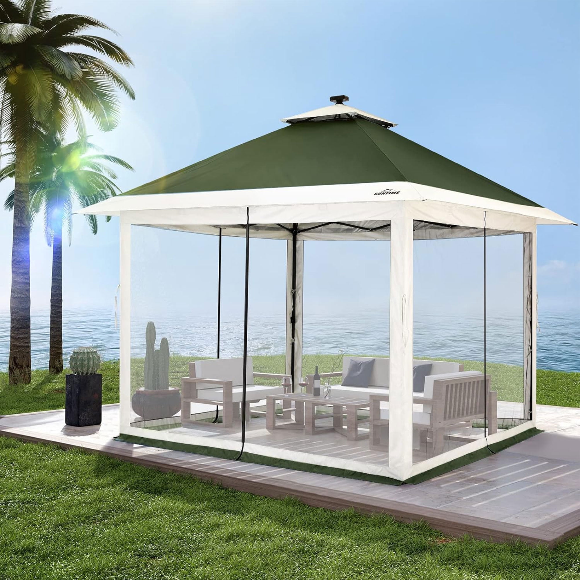 Suntime 12x12 Instant Pop Up Gazebo Canopy Tent Shelter with Solar LED Lights, Zippered Mesh Mosquito Netting, Wheeled Roller Carry Bag, Bonus Weight