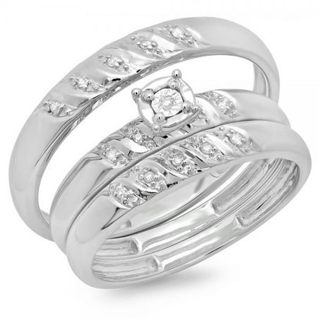 0.10 Carat (ctw) 10K Gold Round Cut Diamond Men & Women's Engagement Ring Trio Bridal Set 1/10 CT
