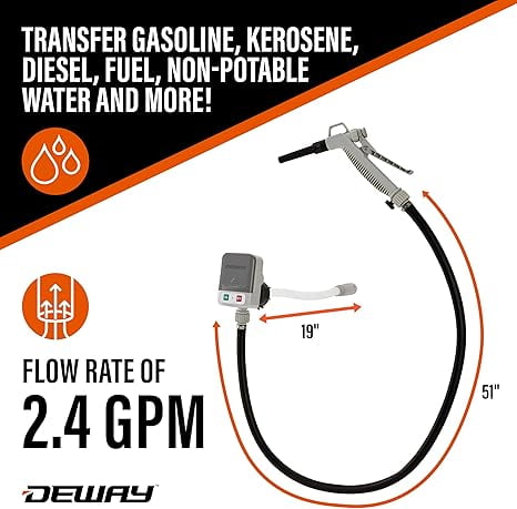 Deway Fuel Transfer Pump Battery Powered with Rubber Hose and 2.4 GPM Control Nozzle