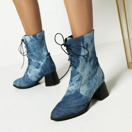 

Women Boots Winter Plain Short Mid Tube Cross Lacing Chunky High Heel Round Toe Boots