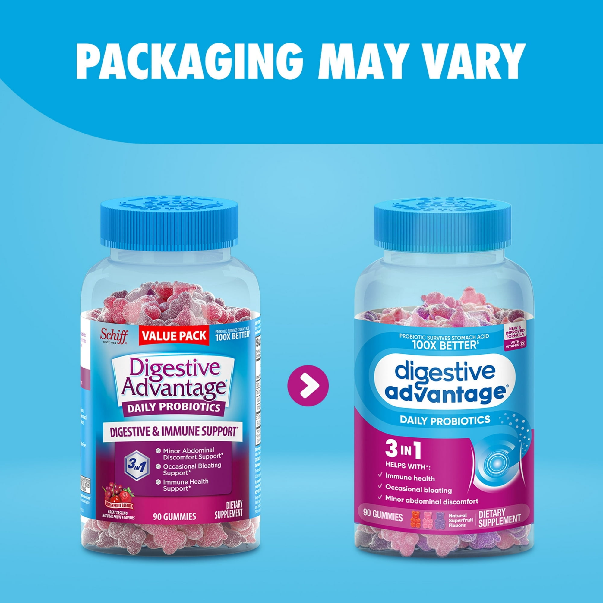 Digestive Advantage Gummies for Digestive Health, Daily Probiotics for Women & Men, Support for Occasional Bloating, Minor Abdominal Discomfort & Gut Health, Superfruit Flavor, 90 Count (Pack of 2)