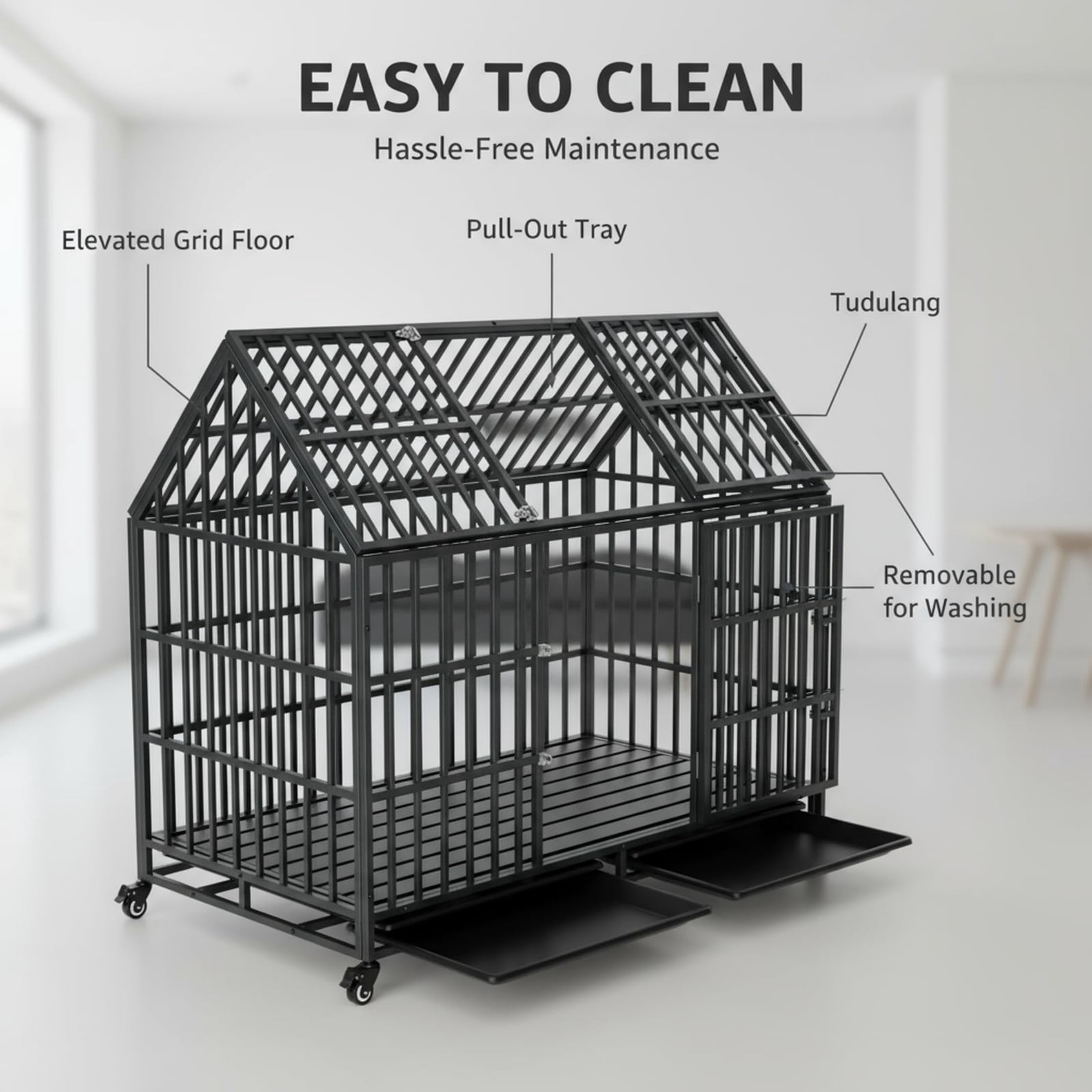 Indestructible Dog Crate with Divider – 54 Inch Heavy Duty Indoor Dog Kennel for Large Dogs, Steel XL Dog Cage with Double Door, Wheels & Removable Tray, Black