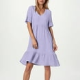 thumbnail image 5 of Cute Cotton Linen Dresses for Women Loose Cotton Linen Knee Length Short Sleeve Flowy Beach Dresses V Neck Ruffle Tiered Layered Evening Pleated Dresses Light Purple XXL, 5 of 5