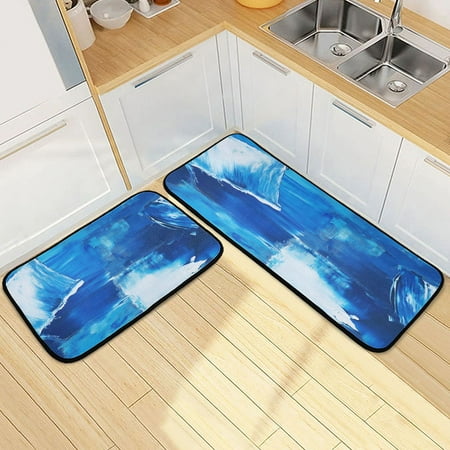 

Kitchen Rug Set 2 Pieces Non Slip Kitchen Mat for Kitchen Home Floor Sink 47 x19 +27 x19 Blue and White