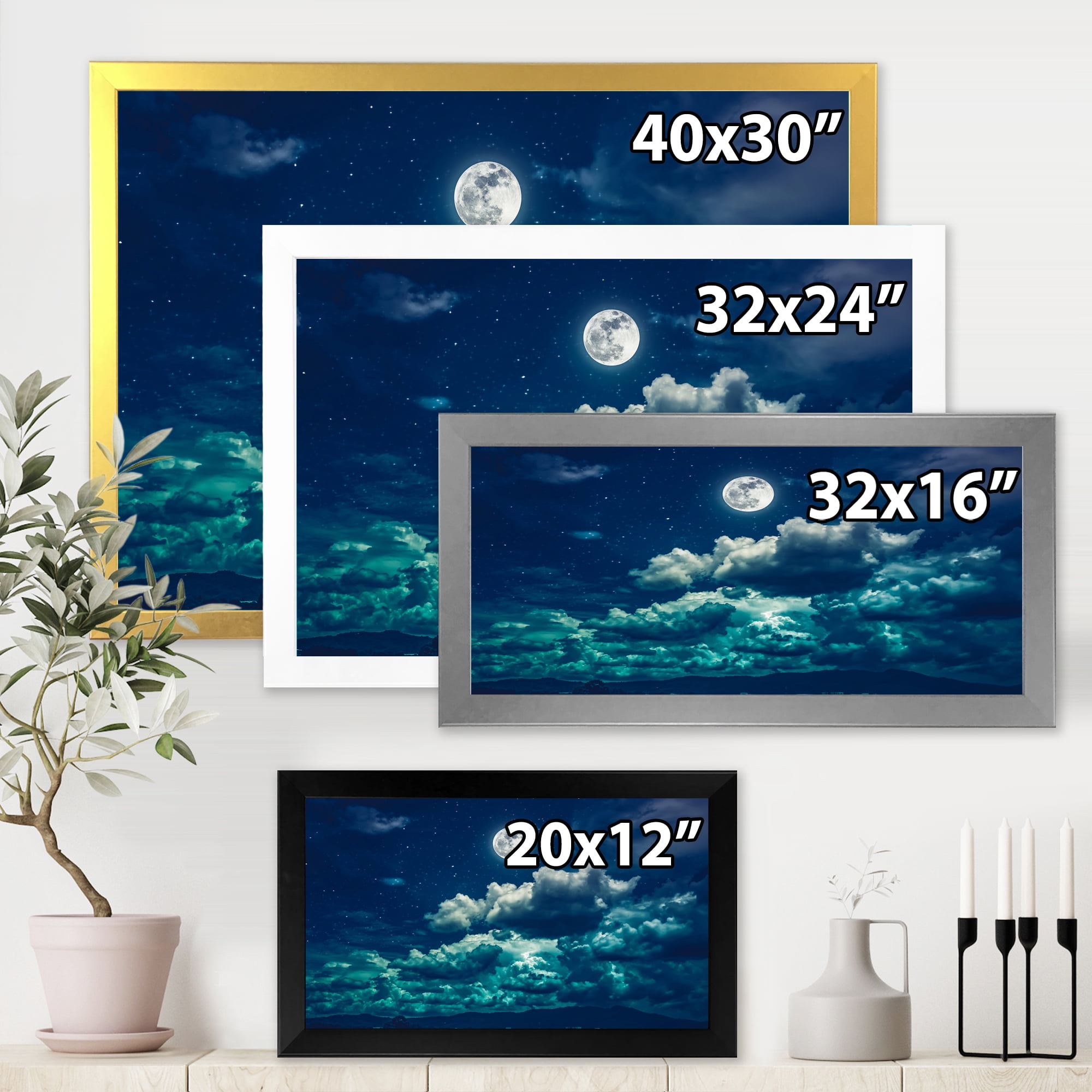 Designart 'Full Moon Night in Cloudy Sky II' Nautical & Coastal Framed Art Print