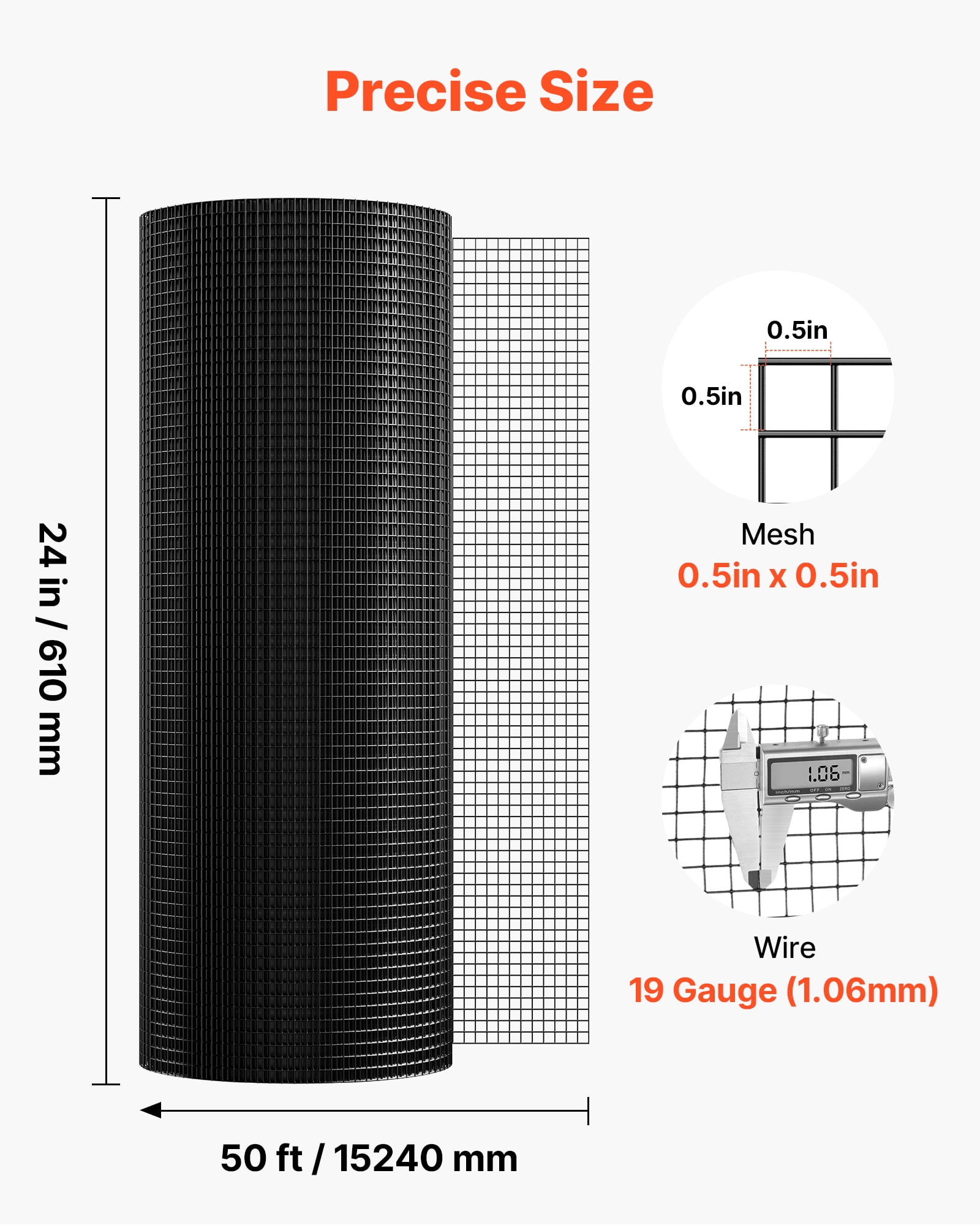 VEVOR Hardware Cloth 24 in x 50 ft, 1/2 in 19 Gauge Galvanized Wire Mesh Roll, Weather-Resistant Vinyl Coated Chicken Wire Fencing, Heavy Duty Welded Garden Plant Fencing for Rabbit Cage Snake Fence
