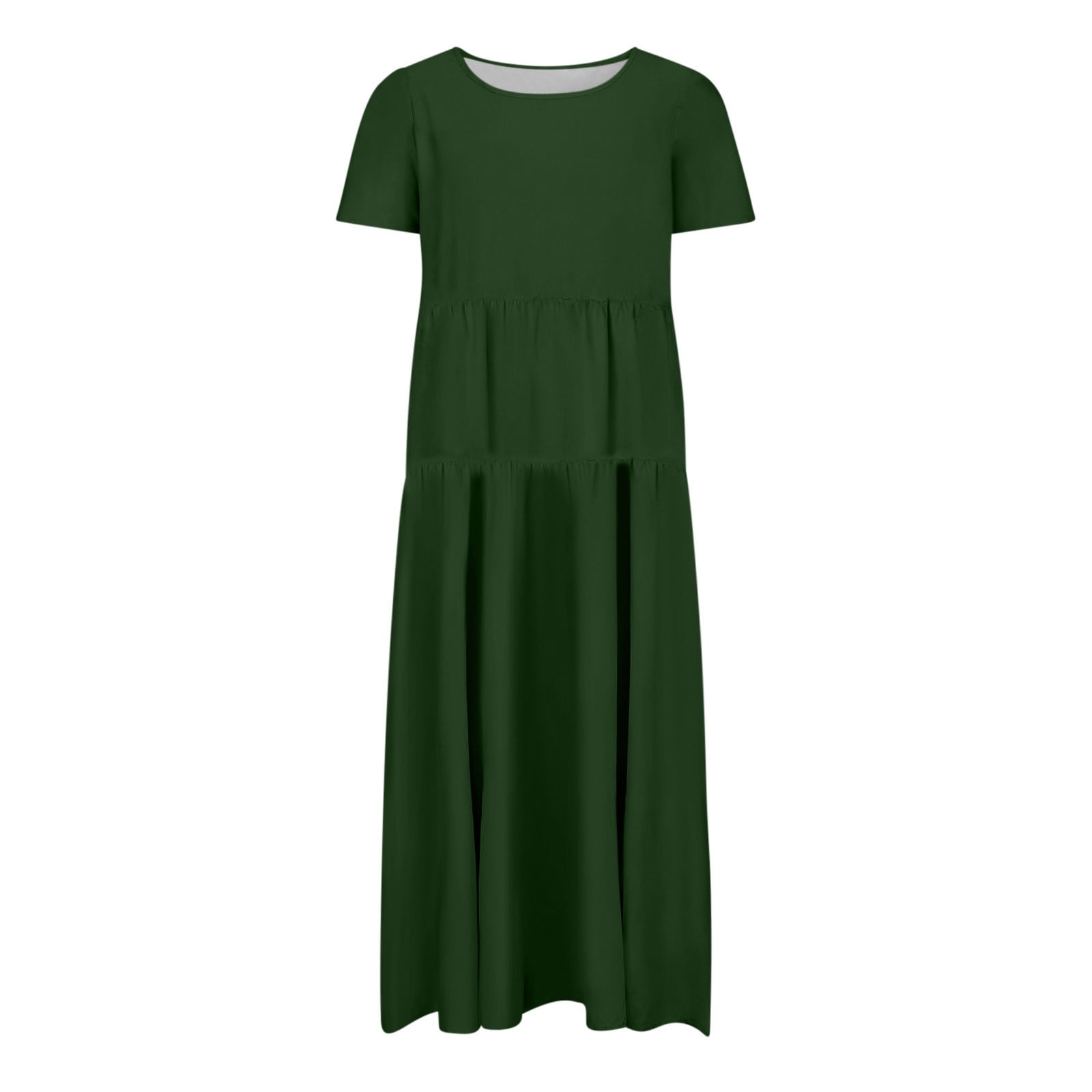 Hueook Casual Dresses for Women Women's Flower Solid Color Casual Short Sleeve Crewneck Dress Casual Flowy Tiered Maxi Beach Dress Green XL