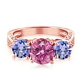 thumbnail image 3 of Gem Stone King 18K Rose Gold Plated Silver 3-Stone Ring Round Pink Moissanite and Tanzanite Blue (2.12 Cttw, Size 5), 3 of 5