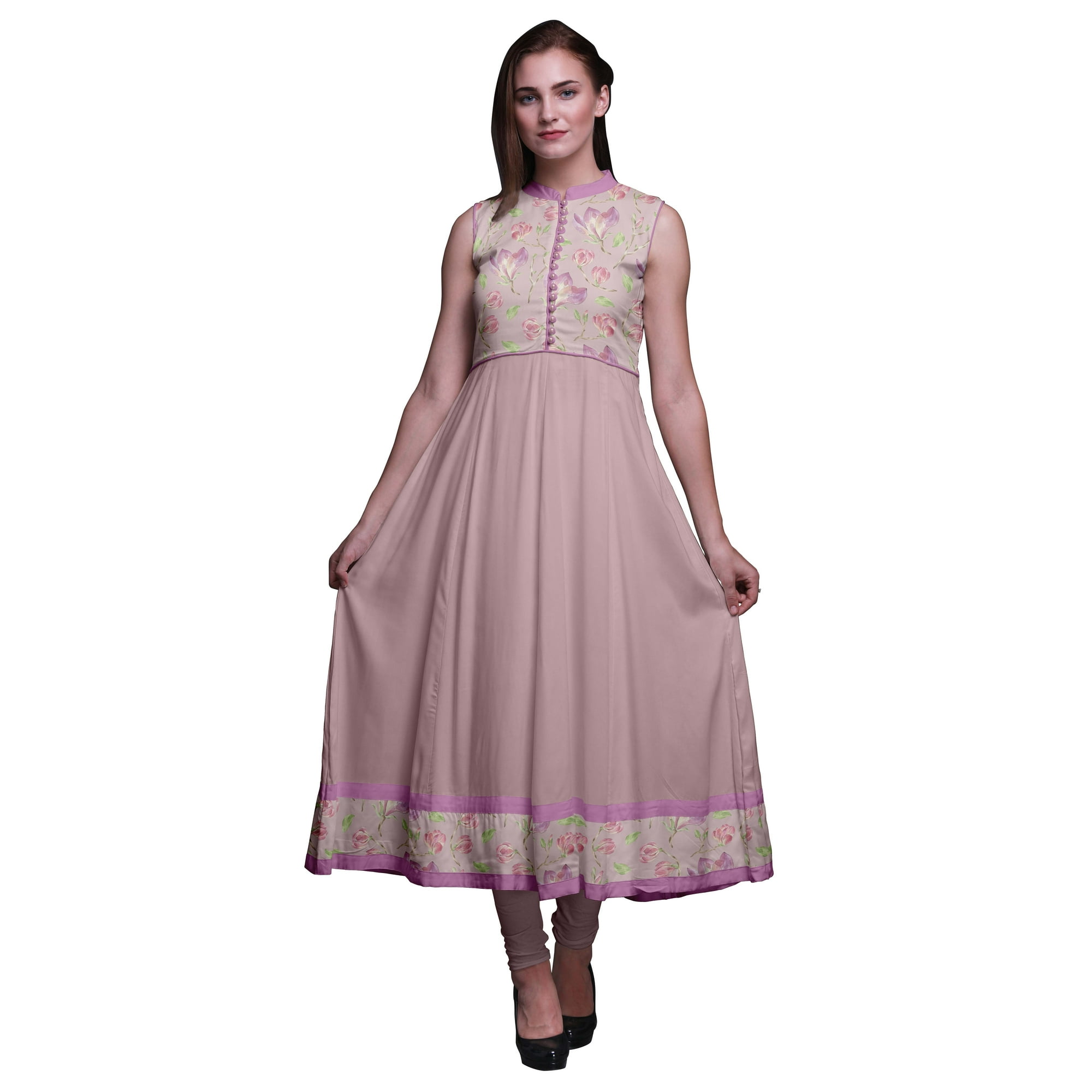 Bimba Dawn Pink Floral Indian Long Kurti For Women Party Wear Printed Sleeveless Anarkali Kurti Dress Small