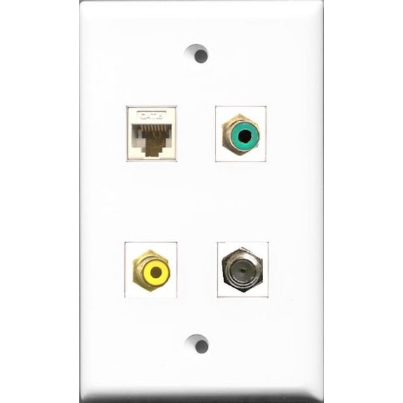 RiteAV 1 Port RCA Yellow and 1 Port RCA Green and 1 Port Coax Cable TV- F-Type and 1 Port Cat6 Ethernet White Wall Plate