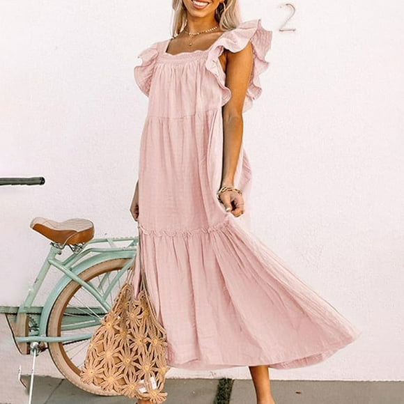 Bramtres Maxi Dresses,Modest Dresses,Maxi Dresses For Women Ruffle Cap Short Sleeve Dress Pleated Swing Tunic Dress Flowy Boho Beach Sundress,Long Dresses,Ruffle Dress,Short Sleeve Dress,Pink Dress,M
