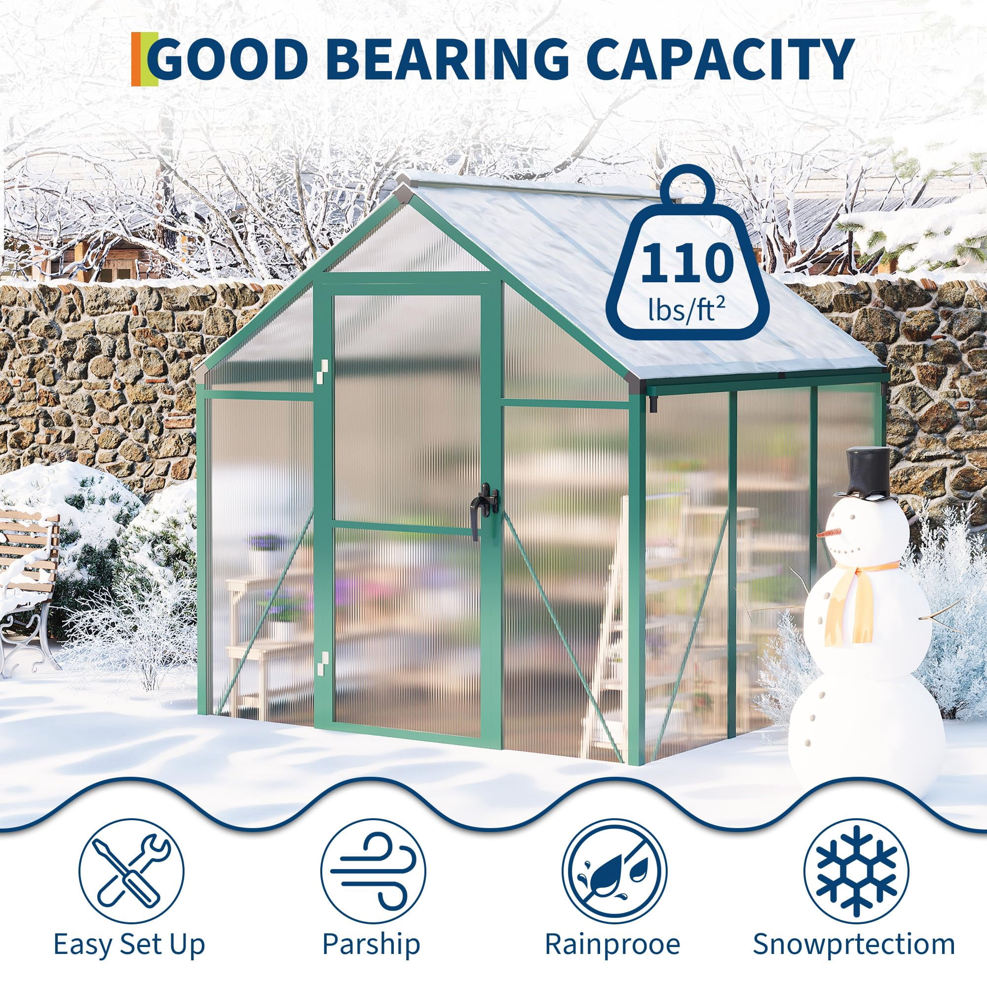 6x6 FT Walk-In Greenhouse for Outdoor Gardening, Polycarbonate with Roof Vent, Quick Setup, Enhanced Aluminum Frame - Ideal for All Seasons