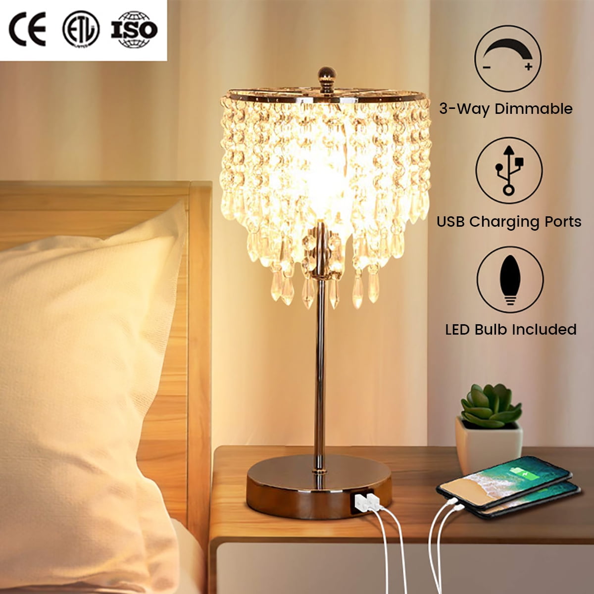 3-Way Dimmable Bedside Lamps with Dual USB K9 Crystal Touch Control Table Lamp 