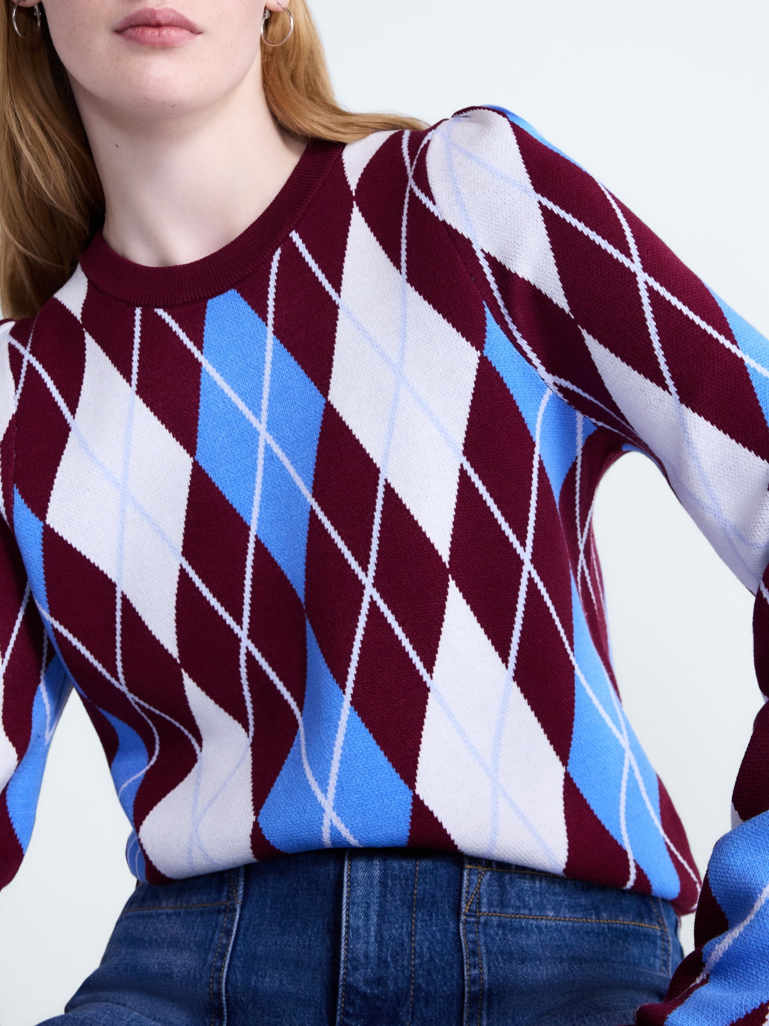 Free Assembly Women's and Women’s Plus Argyle Sweater with Puff Sleeves, Midweight, Sizes XS-XXL
