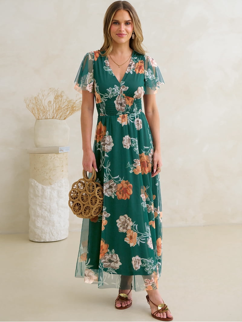 ANRABESS Women Summer Floral Maxi Dress Short Sleeve Boho Flowy Tulle Beach Vacation Wedding Guest 2026 Party Long Dresses Emerald Green Floral Medium