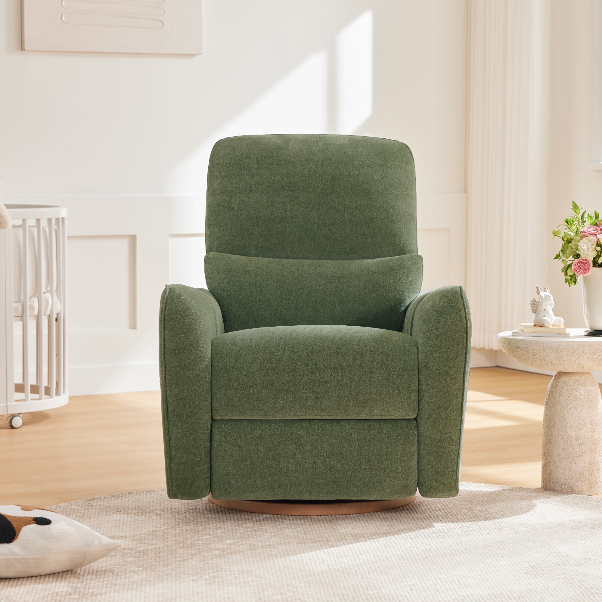 Spruce & Spring Chenille Fabric Swivel Glider Recliner with Lumbar Pillow for Nursery & Living Room, Green
