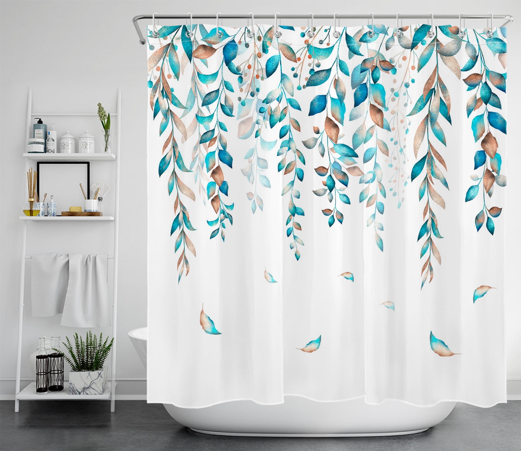 HVEST Watercolor Leaf Shower Curtain, Blue Brown Vine Leaf Plant and