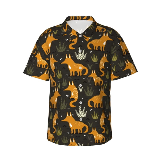 Balery Funny Fox by the Field Camisas hawaianas de manga corta para hombre, camisas playeras de corte holgado, camisas de vacaciones con botones,X-Large
