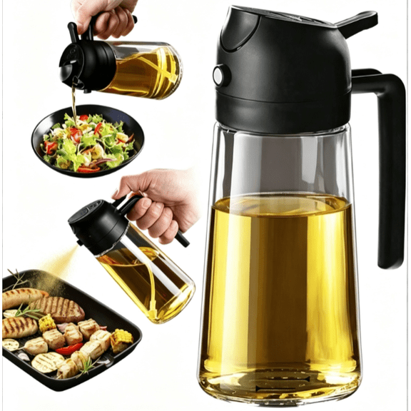 RAINBEAN 16oz/470ml Glass Olive Oil Sprayer for Cooking – 2 in 1 Olive Oil Dispenser Bottle for Kitchen Gadgets and Air Fryer Accessories, Salad, BBQ - Black