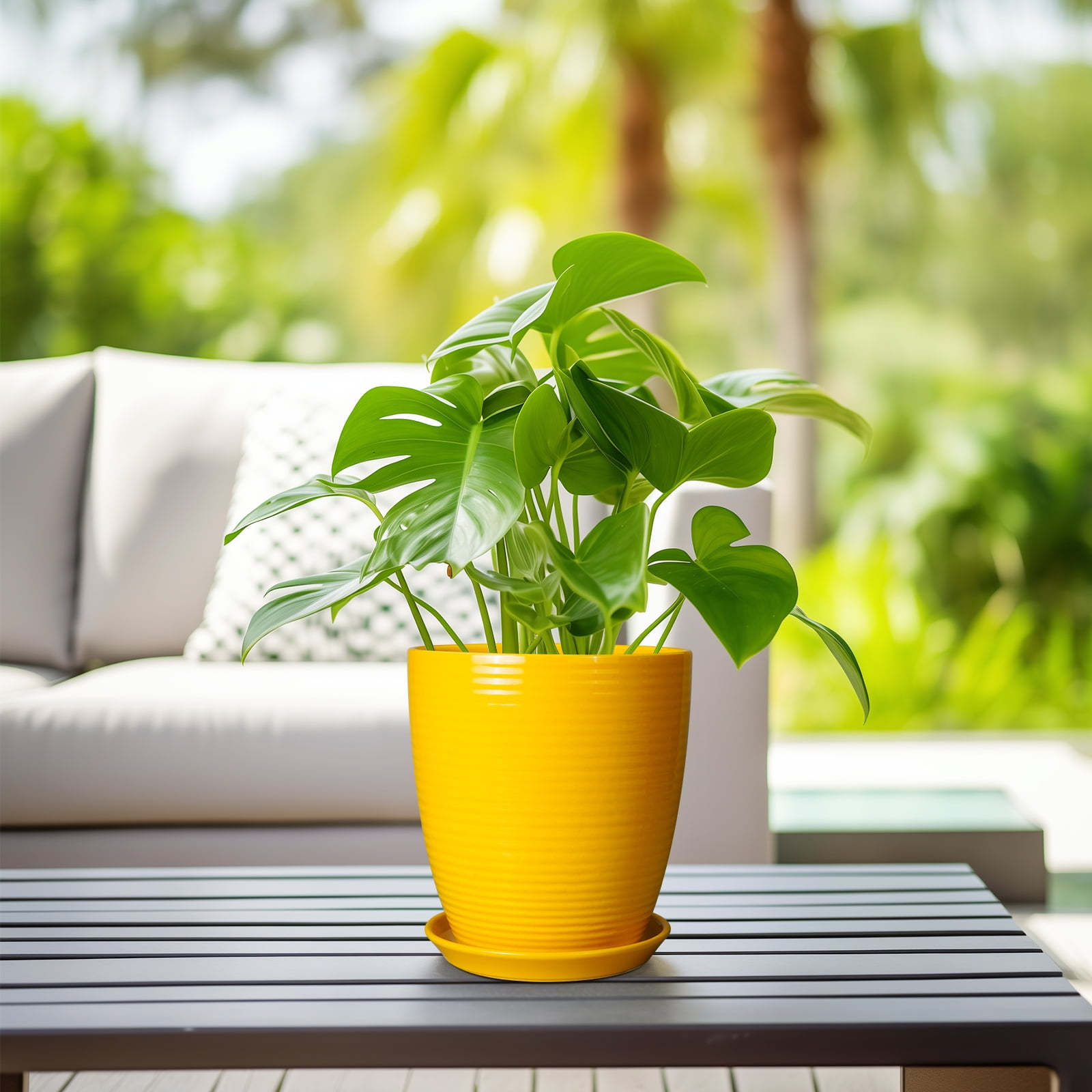 EPFamily 8 Inch Yellow Ceramic Planter with Drainage Hole and Saucer – Modern Flower Pot for Indoor Plants, Snake Plants, Herbs