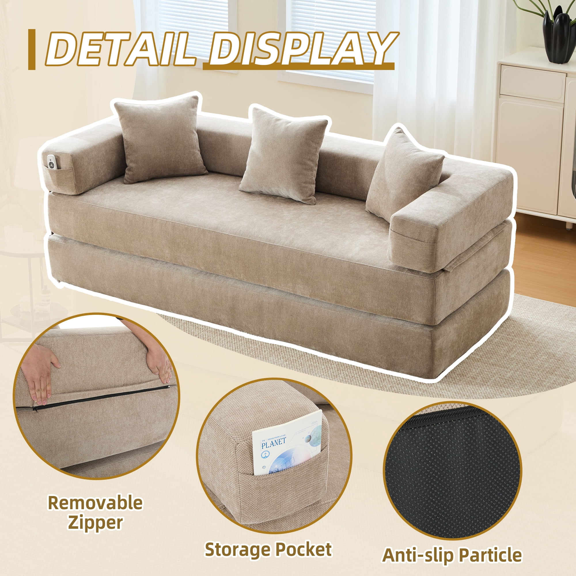 MOONMISS Chenille Upholstered Convertible Foldable Memory Foam Sleeper Sofa with Pillows for Living Room-Coffee