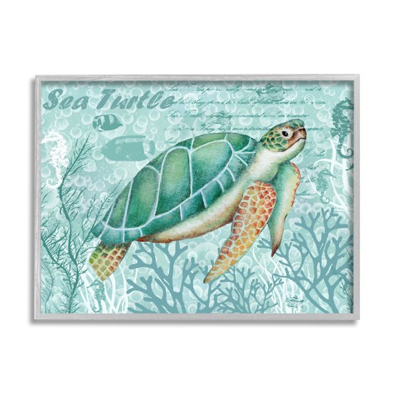 Stupell Industries Coral Bordered Sea Turtle Seahorse Script Calligraphy Graphic Art Gray Framed Art Print Wall Art, Design by Emma Leach