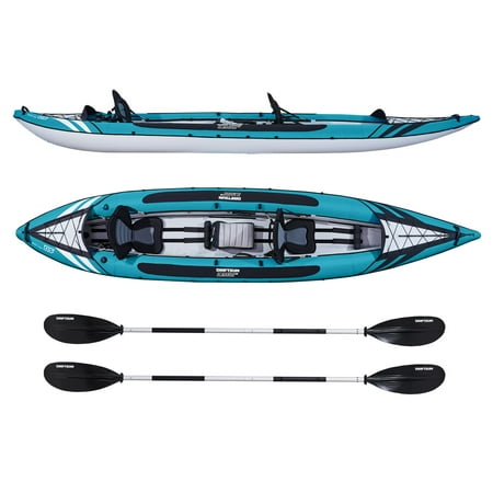 Driftsun Almanor 146 Two Adult Plus one Child Inflatable Recreational Touring Kayak with High Pressure Flooring and EVA Padded Seats with High Back Support, Includes Paddles, Pump, Child