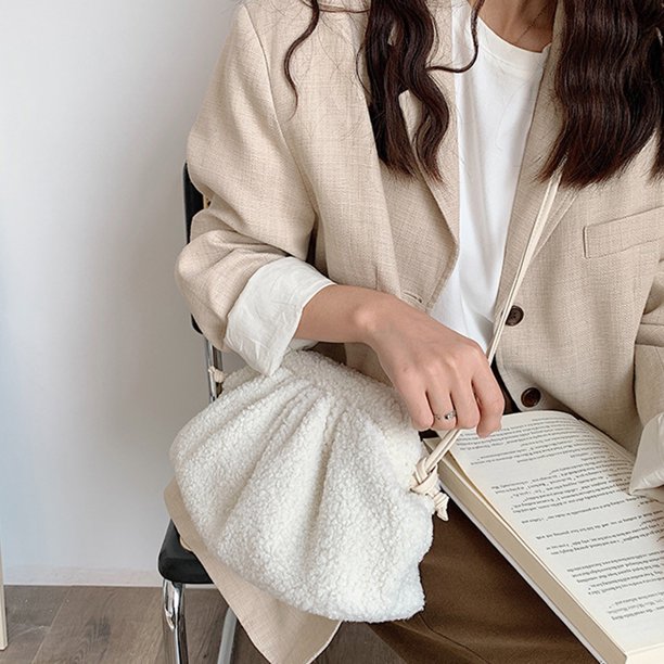 Bolso bandolera para mujer, bolso de mano esponjoso a la moda, bolso suave para otoño e invierno (blanco)