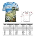 thumbnail image 2 of Lighthouse Sunrise Coast Scenery Pale Blue Tan Womens Tops Women's Fashion Casual Short Sleeve Flower Print Round Neck Pullover Top Blouse, 2 of 6